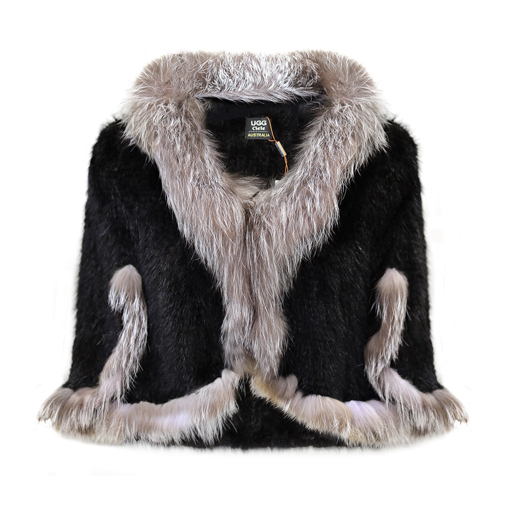 KNITTED MINK FUR CAPE WITH FOX FUR COLLAR #BLACK&GREY