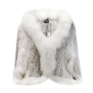 KNITTED MINK FUR CAPE WITH FOX FUR COLLAR #WHITE&GREY